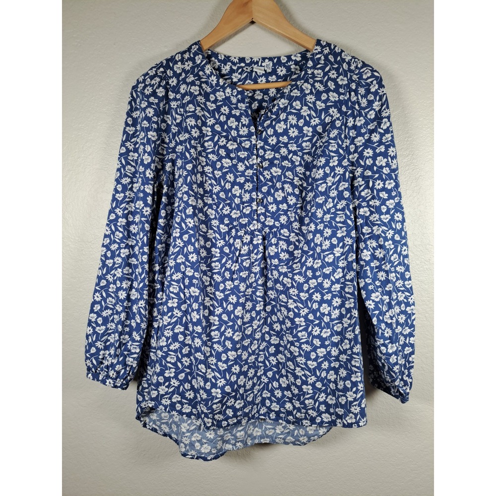 Old Navy Blue Floral Daisy Long Sleeve Blouse Split Neck Top Small